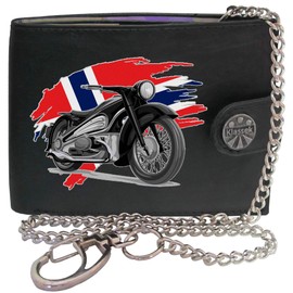 Biker Classic Vintage Motorbike Motorcycle Norway Flag Mens Chain Wallet Gift Box KLASSEK Brand Real Black Leather RFID Blocking with Coin Pocket