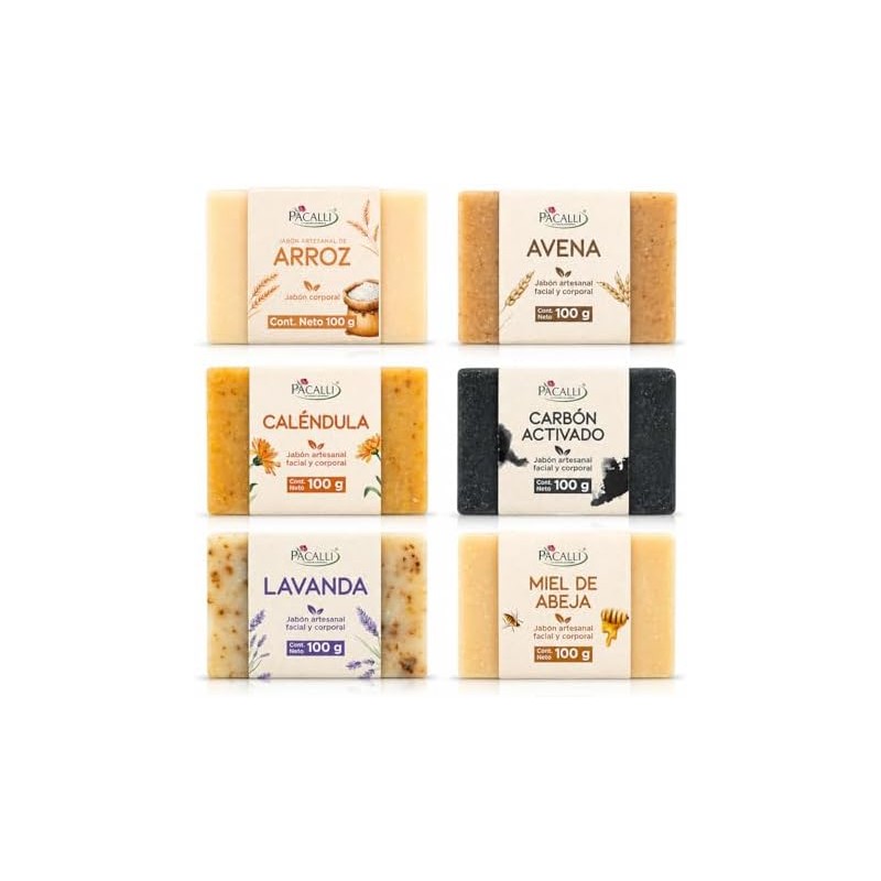 PACALLI Jabones Artesanales 6 Pack - Avena, Caléndula y Miel