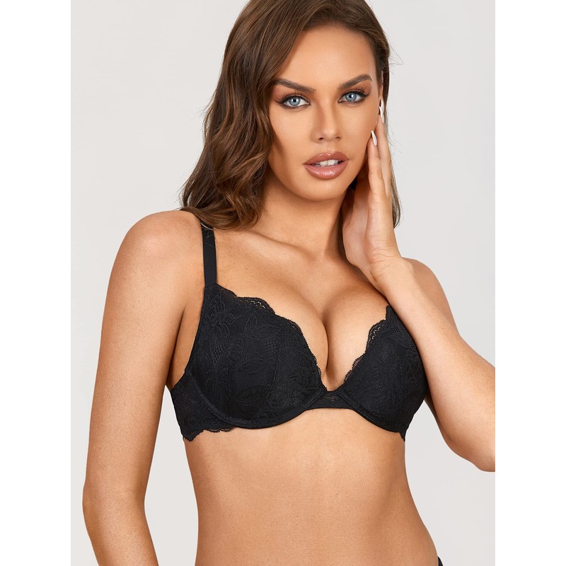 DOBREVA Women's Push Up Bra with Lace Padded Plunge Underwire