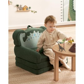 Blissful Diary Kids Couch, 2-in-1 Soft Toddler Couch Fold Out, Toddler Chair Comfy, Convertible Sofa to Lounger, Kids Furniture for Playroom, Gift for Birthday, Children's Day, Green Dinosaur