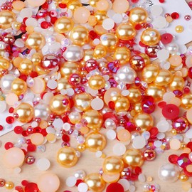 Niziky 1100PCS Flatback Pearls and Rhinestones, 30g Mix Sizes Yellow Red AB Color Pearls Flatback Rhinestones for Crafts, Resin Rhinestones Half Round Pearls for Nail Face Art Crafts