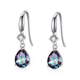 POPLYKE Teardrop Rainbow Quartz CZ Earrings Dangle 925 Sterling Silver Moonstone Earrings for Women Birthday Gifts, Sterling Silver, Created Cubic Zirconia
