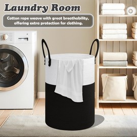 Cotton Rope Woven Laundry Basket - 40L White & Black Woven Basket for Blankets, Toys and Dirty Clothes - Laundry Baskets with Handles for Living Room, Laundry Room, Bedroom Storage, Clothes Hamper