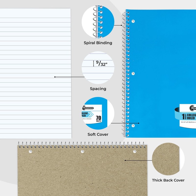 Rosmonde 50 Pack, 1 Subject Spiral Notebook College Ruled Bulk,