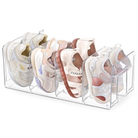 HBlife Clear Acrylic Kids Shoe Rack for Closet Organizers and Storage, Small Shoe Rack 4 Sections Toddler Baby Shoe Storage Organizer Stackable Shoe Shelf,Desk File Sorter Book Purse Organizer(1 Pack)