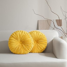 Hig Juego Almohadas Decorativas Redondas Plisadas Terciopelo Amarillo
