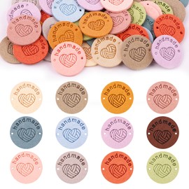 Pack of 50 Handmade Labels for Sewing, 12 Colours, Handmade Leather Labels, Round Label with Holes and Heart Relief, Leather Labels for DIY Jeans, Bags and Hats
