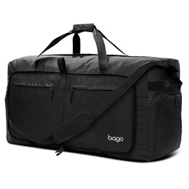Bago Large Foldable Duffel Bags for Traveling Women & Men - 100L Packable Duffle Bag for Travel with Shoe Compartment - Water Repellant, Heavy Duty, Lightweight Folding & Collapsible (All Black)