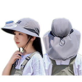 Kids USB Solar Fan Sun Hat with Neck Flap Bucket Fishing Hat Sun Protection Cap for Teens Boys Girls Deep Grey