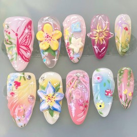 24Pcs Summer Press on Nails Pink Bow Embossed Pattern and Flowers Stars Butterflies 3D Pearl Full Cover Stick on Nail Colorful French Tip Press ons Nails Reusable for Women DIY Nail Accessories