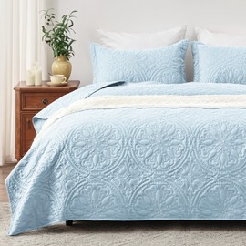EXQ Home Quilt Set Full Queen Size Spa Blue 3 Piece,Lightweight Soft Coverlet Mandala Flower Pattern Bedspread Set for All Season(1 Quilt,2 Pillow Shams)