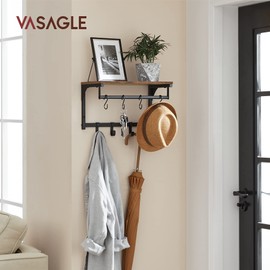 VASAGLE Laundry Room Shelf Wall Mounted, Coat Rack Shelf, with 8 Removable Hooks, for Entryway, Living Room, Kitchen, Bedroom, 15.7 x 9.4 x 9.4 Inches, Rustic Brown and Black ULCR103B01