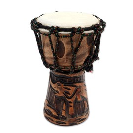 NOVICA Artisan Handmade Mahogany Mini Djembe Drum Elephantthemed from Bali Brown Wood Indonesia Musical Instruments Drums Animal [8in H x 5.5in Diam.] ' Elephant Music'