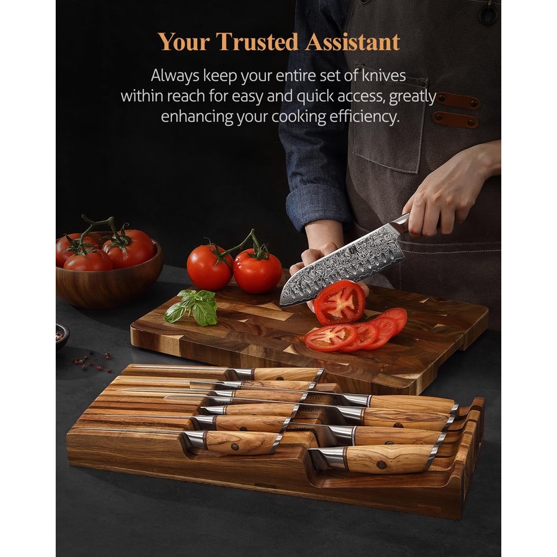 XINZUO In-drawer Knife Block, Natural Acacia Knife Drawer Oganizer, Insert-Kitchen