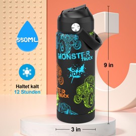 Ntswasd Trinkflasche Edelstahl Strohhalm-Thermosflasche 550ml-BPA Frei-Auslaufsicher-Thermo Wasserflasche für Schule,Sport,Kinder,Fitness(Monster Trucks)