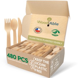Disposable Wooden Cutlery Set - 100% Home Compostable - 480 Mix (240 Forks, 80 Spoons and 160 Knives) 6.5", Bamboo Utensils Alternative, Eco-Friendly, Organic, Sustainable and Carbon Neutral Certified