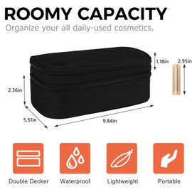 Gloppie Makeup Bag Travel Cosmetic Bag Portable Toiletry Bag Dual Zipper Makeup Case for Women Waterproof Makeup Box Pouch Brush Holder with Dual Layers Overnight Make up Bag, Black, M, Causal