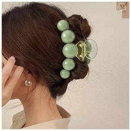 Inilbran Vintage Pearl Claw Clips, Large Pearl Claw Hair Clips, Strong Hold Hair Claw Clips, Barrettes, Pearl Plastic Hair Claw Clips, Decorative Hair Accessories for Women, Headpiece (Green)