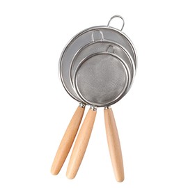 3 Pcs Kitchen Fine Mesh Strainers, Stainless Steel Wire Mesh Oil Strainer Skimmer with Wood Handle, Durable Flour Colander Filter Baking Tool(3 pcs)