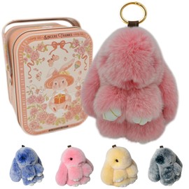 Llavero de conejito Lulu con estaño, Bunnylulu hecho a mano con pompones suaves, llavero de conejito esponjoso, accesorios para mujer, Rosado, Grandes