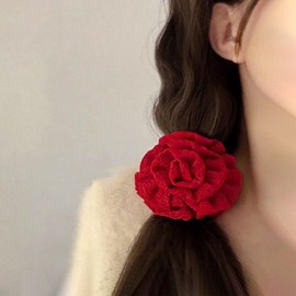 TseenYi Boho Flower Elastic Stretchy Hair Bobbles Large Flower Hair Band Hair Rope Red Floral Stretchy Rubber Hair Rope Red Flower Ponytail Holder Band Scrunchies Ring Bridal Hairstyles Decoration