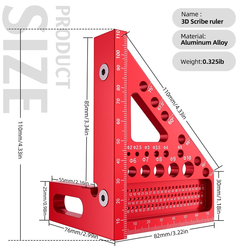 3D Mitre Angle, Multifunctional Protractor Woodworking 22.5°-90° High Precision Layout