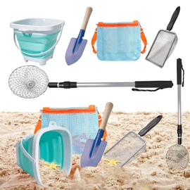 Olutacot 10 Pack Beach Toys Set Adjustable Extra Long Sand Sifter Mesh Shovel Mesh Beach Bag for Kids Foldable Beach Bucket Beach Shovel Sand Toys for Shells Collecting Shark Tooth Beach Toys