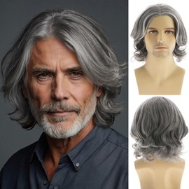 Dsimeig Mens Grey Wig Short Wavy Bob Synthetic Cosplay Party Replacement