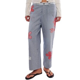 Kedera Women's Striped Pants Casual High Waisted Barrel Jeans Wide Leg Trousers Fun Jeans with Patch Pattern Blue