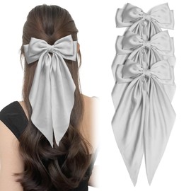 3PCS Gary Large Hair Bows for Women Oversized Long Tail Bow Hair Clips Satin Ribbon Bow Hair Barrettes Ponytail Holder Bowknot Vintage Hair Accessories for Girls Teens