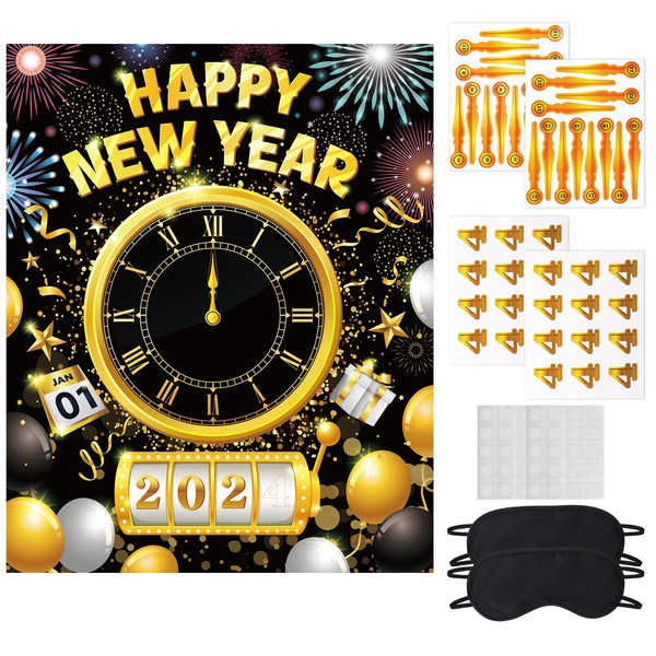 DPKOW New Year Party Games 2024, Happy New Year Pin Games New Year's Eve Countdown Game for New Year Decoration 2024, Blindfold Sticker Poster