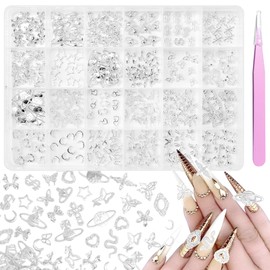 240 Pcs 3D Silver Nail Charms, Mixed Alloy Crown Bows Cross Nail Silver Charms, Shiny Planet Star Metal Nails Art Charms Snake Charm for Acrylic Nails DIY Y2K Accessories