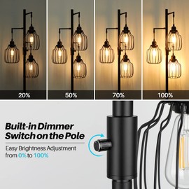 Dimmable Industrial Floor Lamp with 3 LED Edsion Bulbs, Farmhouse Tall Standing Lamp for Living Room, Rustic Black Tree Bright Vintage Pole Light with Cage Shades for Bedroom Home Decor