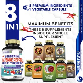 Cayenne Pepper Supplements Extract Capsules, 180 Capsules & Berberine, Apple, Turmeric Curcumin, Bitter Melon, Ginseng, Milk Thistle | Supports Heart Health, Promotes Digestive Function