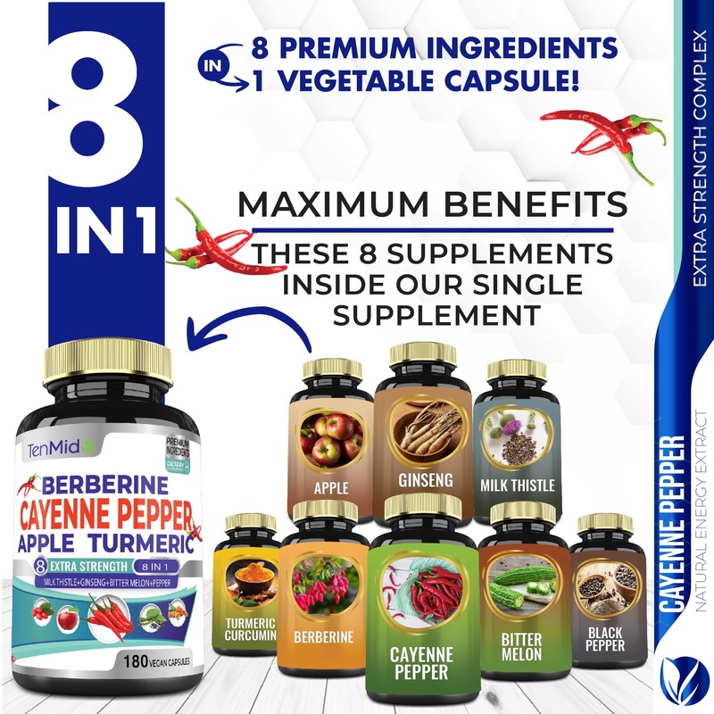 Cayenne Pepper Supplements Extract Capsules, 180 Capsules & Berberine, Apple,