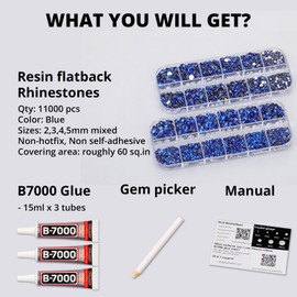 b7000 Jewelry Glue with 11000Pcs Blue Rhinestones for Crafts Clothes Nails, Royal Dark Navy Blue Flatback Gems for Clothing Fabric, Flat Back Diamonds Glue Fix, Bedazzling Kit 4 Sizes ss6-ss20 Mixed