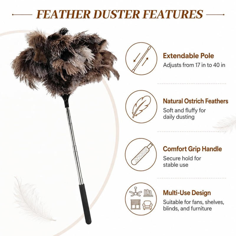 Extendable Ostrich Feather Duster 17–40 Inch, Fluffy Long Handle Reusable