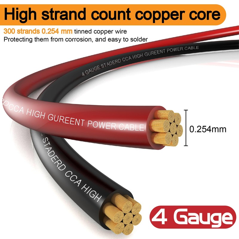 4 Gauge Wire (25ft Each- Black/Red) Copper Clad Aluminum CCA,20pcs