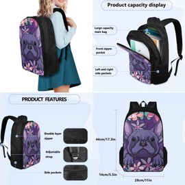 Coloranimal Cute Pug 3 Pcs Backpack Set School Bag for Children Boys Girls Bookbag+Mini Lunch Food Container Box Bag Pencil Case Outdoor Sports Rucksack Daypack