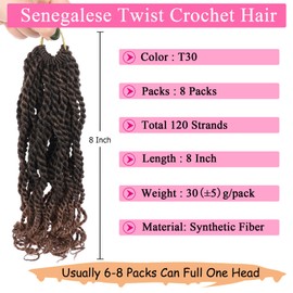 Leeven 8 Inch Senegalese Twist Crochet Hair 8 Packs Ombre Brown Pre Looped Crochet Braids with Curly Ends Synthetic Braiding Hair for Women