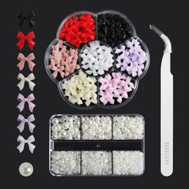 ELEEGEM 3D Bow Nail Charms Colorful Butterfly Bow Resin Rhinestones,with Flat Back Half Pearl Nail Art Accessories for Nail DIY Decoration