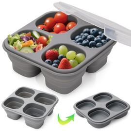 Juome Silicone Reusable Snack Containers with Lids, Foldable 4 Compartment Snack Containers for Kids, Leakproof Divided Food Storage Containers Condiment Box Sauce Cups for School, Travel, Home
