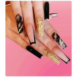 24pcs Press On Long Coffin Shaped Date Night Black And Gold Classy Style Reusable Acrylic Fake Nails For Women