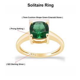 AFFY 7MM Cushion-Cut Simulated Green Emerald Solitaire Ring in 14k Gold Over Sterling Silver (2 Ct), Gift For Her, Sterling Silver Yellow Gold, Emerald