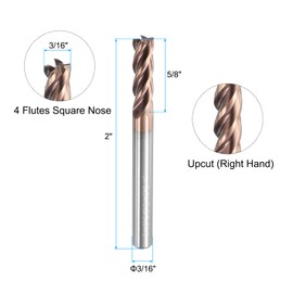 sourcing map Carbide Square End Mill, 3/16" Dia TiSiN Coated 4 Flutes Milling Bit Cutter, for Hardened Steel Stainless Steel Cast Iron, 3/16" Shank 5/8" Cut Length 2" Long HRC55