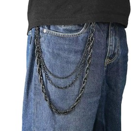 Ploofy Black Metal Wallet Chain for Jeans, Triple Layer Design, 3-Strand Biker Chain