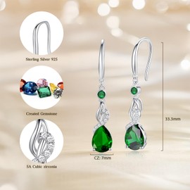 FANCIME Emerald Earrings with Pear Dangle Drop Pendent 925 Sterling Silver May Birthstone Earrings Fine Jewelry Gifts for Women