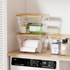 Delamu 3 Pack Trash Bag Dispenser with Bamboo Lid,Clear Plastic Garbage Bag Organizer for 4-33 Gal Bags, Space-Saving Under Sink Organizer for Kitchen, Laundry, Pantry