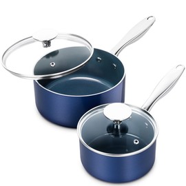 MICHELANGELO Saucepan Set, 1Qt & 2Qt Ceramic Sauce Pan with Lid, Nonstick Saucepans with Lids, Small Pot with Stainless Steel Handle, Oven Safe, Blue