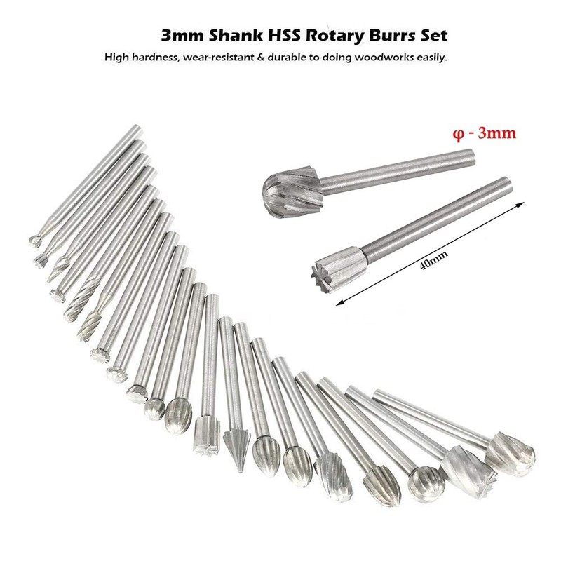 Gasea 20pcs 3mm Shank HSS Mini Router Burr Rotary File